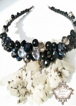 Дизайнерска диадема с кристали, перли и цирконии в черно - Dark Rose